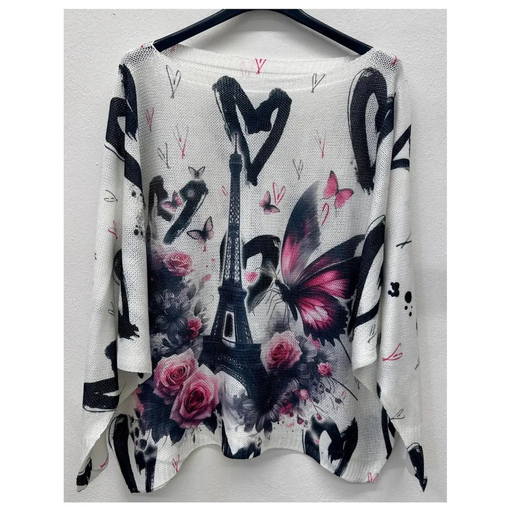 L174 Loowie Eiffel Tower Round Neck Knit Printed Sweater One Size